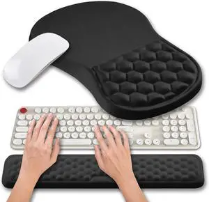 FOR2 in 1 Ergonomic Mouse Pad Wrist Support & Wrist Rest for Computer Keyboard Set, with Relieve Carpal Tunnel Pain Massage Bulge and Full Memory Gel Design (2In1 Set, Black)