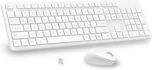 White Wireless Keyboard and Mouse Combo, Full-Sized Ergonomic Computer Keyboard, 2.4GHz USB Cordless Keyboard Silent Mouse Set, 12 FN Shortcuts for Windows MacOS Laptop Computer