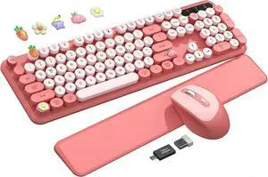 Wireless Keyboard and Mouse Combo, Blush Pink for Aesthetic Desk, Magnetic Wrist Rest, Full-Size Retro Typewriter Keyboard with Round Keycaps, Sleep Mode, 2.4GHz Cordless for Mac/Windows/PC