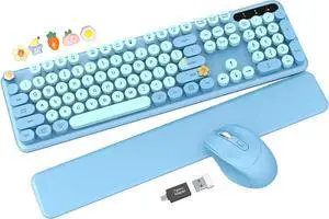 Wireless Keyboard and Mouse Combo - Cute Typewriter Keyboard with Detachable Wrist Rest, Retro Round Keycaps, Foldable Legs, 2.4GHz Full-Size for PC, Laptop, Windows(Glacier Blue)