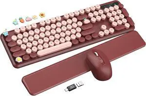 Wireless Keyboard and Mouse Combo - Cute Typewriter Keyboard with Detachable Wrist Rest, Retro Round Keycaps, Foldable Legs, 2.4GHz Full-Size Keyboard for PC, Laptop, Windows - Wine Red