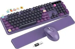 Wireless Keyboard and Mouse - Cute Typewriter Keyboard with Detachable Wrist Rest, Retro Round Keycaps, Foldable Legs, 2.4GHz Full-Size Keyboard Combo for PC, Laptop, Windows (Grape Purple)