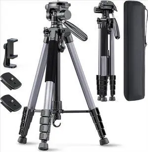 74"-Camera-Tripod, Professional Aluminum Tripod/Leg Stand Mirrorless Camera/DSLR/Cell Phone/Camcorder/GoPro, with Phone Holder and Travel Bag (Gunmetal Gray) Weight 2.8 lbs Load 8.8 lbs