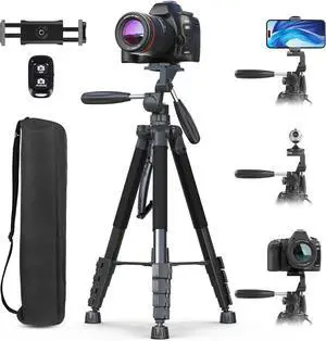 74" Camera Tripod with Phone Holder and Remote, Heavy Duty Tripod Stand with Portable Bag for Phone and Camera, Compatible with DSLR Cameras, Cell Phones, Spotting Scopes and Binoculars