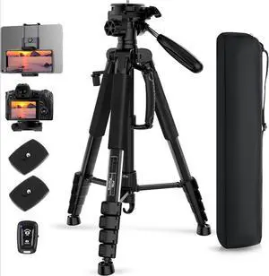 75" Camera Tripod, Aluminum Heavy Duty Camera Stand for ipad Phone, Travel Tripod with/Carry Bag/Phone Tablet Holder, Compatible with Canon Nikon Sony DSLR, Spotting Scopes, Max Load 15 Lb(Black)