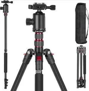 77 inch Camera Tripod Monopod for DSLR, Phone with 360° Panoramic Ball Head, 2 Axis Center Column, Arca Type QR Plate, Compact Aluminum Lightweight Travel Tripod 34lb Max Load, Bag Included