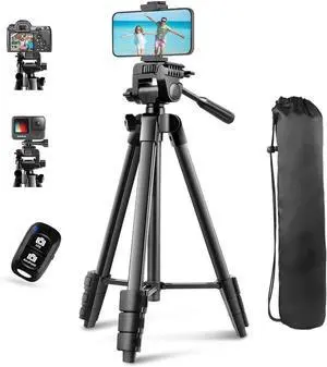 54'' Camera Tripod, Phone Tripods for iPhone with Bag, Travel Tripode Stand with Remote Compatible with iPhone 17/1615/14/13/12/11, Android Phones, Cameras, DSLR and Gopro