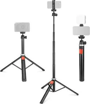 Tripod for Cell Phone & Camera with Remote & Phone Holder Compatible with iPhone GoPro Canon Sony DSLR, 62.9" All Metal Portable Selfie Stick Travel Vlog Stand for Video Recording, TS05