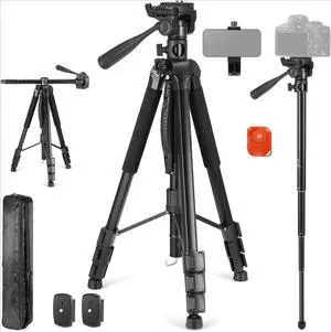 Basic 74" Video Tripod Monopod, 3 Way Pan Tilt Head, Remote, Overhead Camera Mount, Horizontal Central Axis, Phone Holder Compatible with iPhone DSLR Telescope Projector, Max Load 17.6lb, TP05