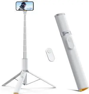 63" Phone Tripod, Extendable Selfie Stick with Wireless Remote and Phone Holder, Portable All-in-1 Cell Phone Tripod Stand for Video Recording, Compatible with iPhone/Android (White)