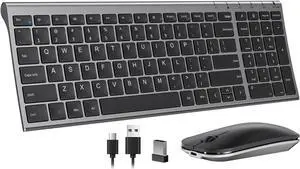 Rechargeable Wireless Keyboard Mouse, Ultra Thin Low Profile Wireless Keyboard and Mouse with Number Pad, Quiet Portable Combo Compatible for Windows XP/7/8/10/11/11 Pro, Black and Grey