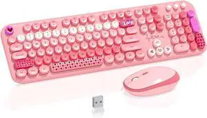 Wireless Keyboard Mouse,104 Full Size Cute Colorful Keyboard and Mouse with Retro Typewriter for PC/Mac/Laptop/Tablet/Computer/Windows/Microsoft, Pink