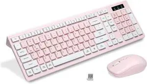 Wireless Keyboard and Mouse Combo, 2.4G Full-Sized Keyboard and Mouse Cordless, 3 DPI Adjustable Mouse, Dual-System Keyboard for Computer/Laptop/Windows/Mac (Pink & White)