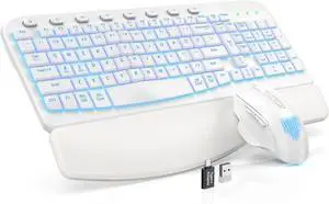 Ergonomic Wireless Keyboard and Mouse Combo - Wave Keyboard with Soft Leather Wrist Rest, Resistant Keys, RGB Backlit Rechargeable Set for PC/Mac/Chromebook (White)