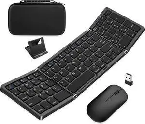 Foldable Keyboard and Mouse, Folding Wireless Keyboard Mouse Combo with Portable Case, Rechargeable 2.4G+Bluetooth Multi-Device Combo for Windows, iOS, Android, MacOS PC/Laptop/Tablet