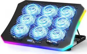 Upgraded Gaming Laptop Cooler Pad with 9 Quiet RGB Fans, Cooling Pad for 15.6-17.3 Inch Laptops with 7 Height Stands, 2 USB Ports, Phone Stand-Blue