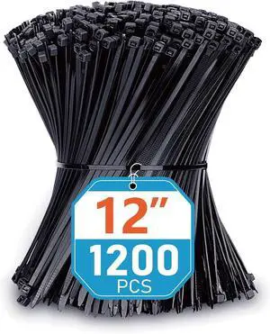 Zip Ties 12 inch (1200 Pack), Black, 50lbs Tensile Strength, UV Resistant Cable Ties for indoor and outdoor