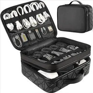 Cord Organizer Case with Adjustable Divider, DJ Cable File Bag for DJ Gear, Sound Instrument and Music Equipment Accessories, Shockproof Portable Double Layer Cord Bags, Black