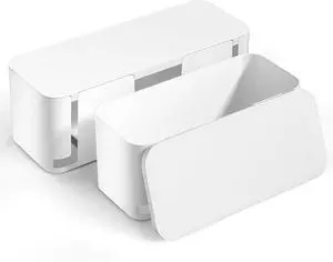 2 Pack Cable Management Box, Pet Friendly Cord Organizer Box for Home & Office, Child-Proof Cable and Power Strip Protector Box, Wire Hider and Cord Organizer for Desk, White