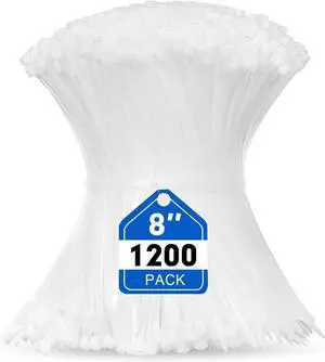 Zip Ties, 1200pcs Cable Zip Ties 8 Inch, Heavy Duty White Plastic Wire Ties with 50lb Tensile Strength, Self-Locking Nylon Cable Ties, Wire Management for Indoor and Outdoor