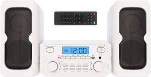 3-Piece Compact CD Shelf System with Digital FM Stereo Radio, Bluetooth Wireless Technology, and Remote Control in White | LCD Display | AUX Port Compatibl