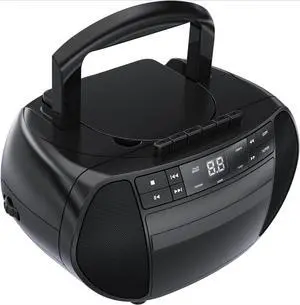 Portable Top-Loading CD Boombox with AM/FM Stereo Radio and Cassette Player/Recorder in Black | Cassette Player/Recorder | LED Display (Black)