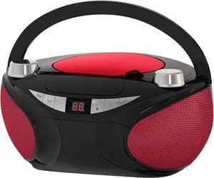 Portable Top Loading CD Boombox with AM/FM Stereo Radio and Bluetooth Wireless Technology in Black | CD-R/CD-RW Compatible | LED Display | (Black/Red)