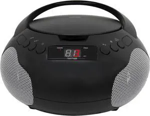 Portable CD Player Boombox with Speakers and AM FM Radio | Black Boom Box Compatible with CD-R/CD-RW and Audio CD | 3.5mm Aux Input | Stereo Sound | LED Display | AC/Battery Powered