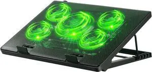 Laptop Cooling Pad, Laptop Cooler with 5 Quiet Fans for 12"-17" Computer PC Notebook Gaming Laptop Fan, Height Adjustable Laptop Cooling Stand Laptop Accessories, Green