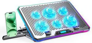 Aluminum Alloy RGB Gaming Laptop Cooler with 6 Fans and LCD Screen - 10 RGB Modes Memory Function, 4 USB Ports 3.0 and 2.0 Hub, 9 Height Adjustable for 10 to 21 Inch Laptops on Desk or Lap