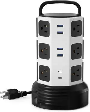 Power Strip Tower Surge Protector, 12 Outlets 6 USB (2 USB C) Charging Station, Extension Cord with Multiple Outlets, 1050J 1625W/13A Outlet Extender 6.5ft Extension Cord for Home Office