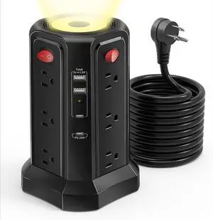 Long Surge Protector Power Strip 16 FT Cord, PD20W USB C Power Strip Tower with Night Light, Extension Cord with Multiple Outlets with 4 USB Ports, Charging Station Home Office Essentials Black