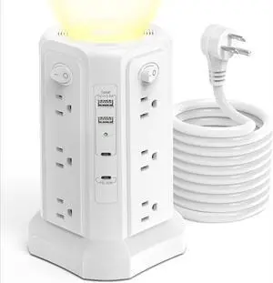 for Long Surge Protector Power Strip 16 FT Cord, PD20W USB C Power Strip Tower with Night Light, Extension Cord with Multiple Outlets with 4 USB Ports, Charging Station Home Office Essentials White