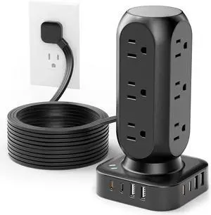 Dual PD 20W Power Strip Tower, TenTrend Surge Protector Power Strip with 12 AC Outlets & 8 USB Ports (4 USB C), 40W Desk Fast Charging Station, 10FT Flat Plug Extension Cord for Desk Office Dorm Room