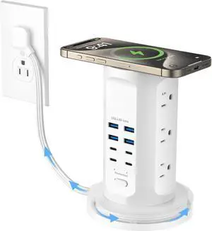Power Strip Tower, kakyanill Surge Protector Tower 9 AC Outlets 8 USB (4 USB C), 6 Ft Retractable Extension Cord, Charging Station for Office Dorm Room, White