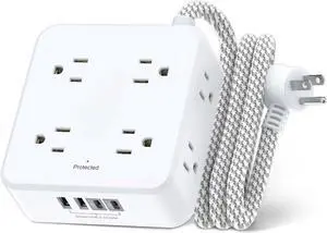 Surge Protector Power Strip - 5Ft Braided Extension Cord with 8 Outlets with 4 USB (2 USB C) Charging Ports, Flat Plug Multi Plug Outlet Extender Charging Station for Home Office, ETL, White