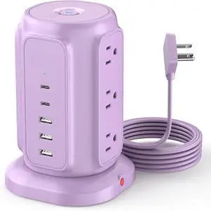 Flat Plug Power Strip Tower with 9 Outlets and 5 USB Ports (2 USB C), 1200J Surge Protection with 1625W Extension Cord with Multiple Outlets for Dorm Home Office Supplies, Purple