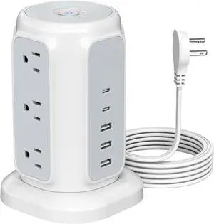 Flat Plug Power Strip Tower with 9 Outlets and 5 USB Ports (2 USB-C), 1200J Surge Protection, 1625W Extension Cord with Multiple Outlets Charging Station for Home Dorm Office Supplies