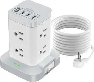 Surge Protector Tower with 8 AC & 4 USB(USB-C) Ports, 6.5 FT Extension Cord - Charging Station for Office & Dorm Room