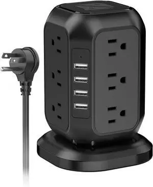Power Strip Tower with USB Ports- Surge Protector with 12 AC Outlet and 4 USB Ports, 10 Ft Extension Cord with Multiple Outlets, Charging Station with Overload Protection, for Home Office Dorm