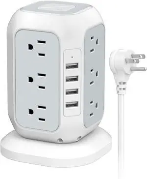 Power Strip Tower with USB Ports-Surge Protector with 12 AC Outlet and 4 USB Ports, 10 Feet Extension Cord, USB Charging Station with Overload Protection, Office Desk Supplies, Dorm Essentials