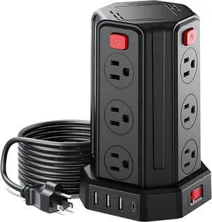 Power Strip Surge Protector, 6.5 Ft Extension Cord with 12 AC Multiple Outlets 4 USB (1 USB C), Power Tower Desktop Charging Station (Black, 6.5 Ft)