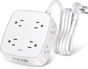 6 Ft Surge Protector Power Strip - 8 Widely Outlets with 4 USB Ports, 3 Side Outlet Extender with 6 Feet Extension Cord, Flat Plug, Wall Mount, Desk USB Charging Station, ETL,White