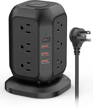 Power Strip Tower Surge Protector with 12 AC Outlets, 3 USB-A & 1 USB-C Ports, 10 FT Extension Cord, Charging Station with Overload Protection, for Home Office Dorm Living Room