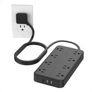 FOR2000J Surge Protector Power Strip, 5 FT Extension Cord with Multiple Outlets Flat Plug, 3 USB (1 USB C) and 8 AC Outlets, Wall Mount USB Charging Station for Home Office Supplies, Black