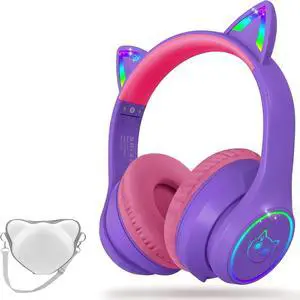 Bluetooth 5.4 Kids Headphones with Case - RGB LED Light Up Cat Ears Foldable Adjustable Over Ear Headphone Support Wireless or 3.5mm Wired Mode for Toddler & Girls & Boys Teens