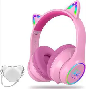 Bluetooth 5.4 Kids Headphones with Case - RGB LED Light Up Cat Ears Foldable Adjustable Over Ear Headphone Support Wireless or 3.5mm Wired Mode for Toddler & Girls & Boys Teens