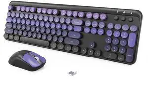 Wireless Keyboard and Mouse Combo, 2.4GHz Colorful Cute Round Keycaps Keyboard for Office Computer PC Desktops Laptop (Purple Black)