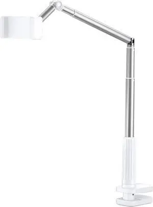 Phone Holder for Desk and Bed Compatible with iPhone 16 15 14 13 12 Overhead Phone Mount Gooseneck Phone Stand Flexible 360 Lazy Long Arm Clamp Clip for Table Bedside [1-Pack, White]