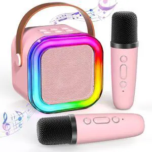 Mini Karaoke Machine for Kids Ages 2-12, Portable Bluetooth Karaoke Speaker with LED Party Lights & 2 Wireless Microphones, Perfect Birthday & Holiday Toys Gifts for Girls Boys (Pink)